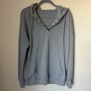 Damen-Sweatshirt groß grau Viertelknopf Hoodie Stretch lässig Fronttasche - Bild 1 von 5