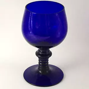 VINTAGE Cobalt Blue Drinking Glass 260ml Ribbed Knopped Stem, Raw Pontil 5.6" - Picture 1 of 7