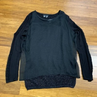 Blusa Tribal Brillante Para Mujer Pequeña Manga Larga Transparente Encaje Ribete Top Negra Foto 1 de 4