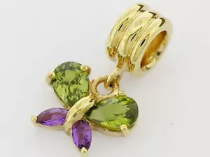 Bd102/82 Real 9ct Gold Natural Peridot Amethyst Butterfly Drop Dangle Bead Charm - Picture 1 of 3