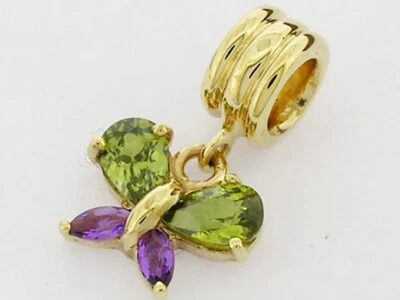 Bd102/82 Real 9ct Gold Natural Peridot Amethyst Butterfly Drop Dangle Bead Charm - Image 1 of 3