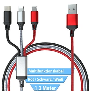Multi USB Ladekabel 3in1 - USB C - Micro USB - 8-Pin Kabel - Universell - 1,2m - Bild 1 von 10