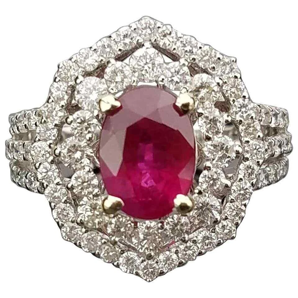 Vivid Pink Oval Cut Natural 2.45CT Ruby Cluster Design With Shiny Clear CZ Ring - Image 1 of 4