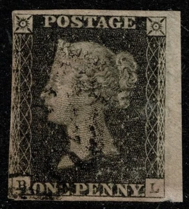 1840 1d Grey-Black SG 3 Pl 3 BL 4m Black MX Marginal Watermark VGU Cat. £500.00 - Picture 1 of 1