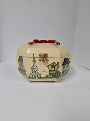 VTG Wooden Box Purse, Velvet Lined, Med Size, Multicolored, Handle, Mirror  - Image 1 of 4