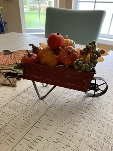 Farmhouse Rustic Fall Decor METAL PUMPKIN WAGON Cart With Wheel 9x4” New - Picture 1 of 12