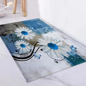 Daisy Flower Blue and Gray Geometric Bath Mat for Bathroom Mat Bath Rug Doormat - Picture 1 of 12
