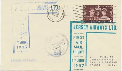 GB / JERSEY 1937 First Flight Jersey Airways Ltd. First Air-Mail Jersey - LONDON - Image 1 of 2