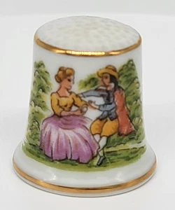 Figural Couple Bone China Thimble Limoges Style Scene Gold Trim Sewing Vintage - Picture 1 of 20