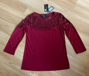 Damen Simon Jeffrey rot Pailletten Spitze 3/4 Ärmel dünnes Top Anlass Gr. 12 neu mit Etikett - Bild 1 von 3