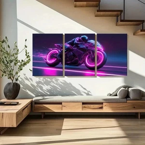 3pcs Cyberpunk Motorcycle Neon Pink & Purple Wall Art Canvas Framed 50x70cm - Foto 1 di 3