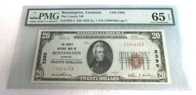 Charter#2395, $20, 1929 Type 1, Bennington Vermont, PMG/EPQ 65 - Image 1 of 2