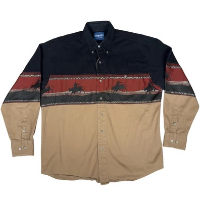 Vintage Wrangler Western Shirt 90s Cowboy Rodeo Graphic Tan Red Black Aztec L/M? - Image 1 of 4