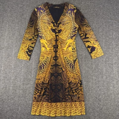 Vestido Roberto Cavalli Mujer 44 Dorado Negro Manga Larga Barroco Jersey Hecho en Italia Foto 1 de 4