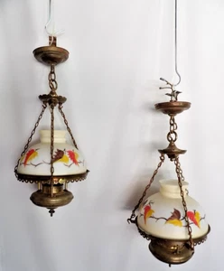 VINTAGE PAIR HAND PAINTED CHANDELIERS COLONIAL SOLID BRASS ESTATE AS FOUND - Picture 1 of 16