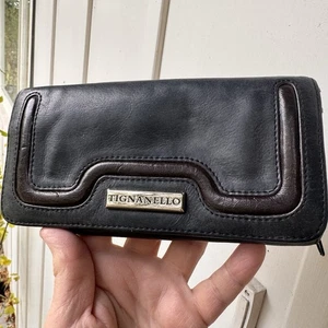 Cartera Continental Tignanello Personalizada Azul Marino y Marrón Cuero Dos Tonos Forrada Floral - Imagen 1 de 11