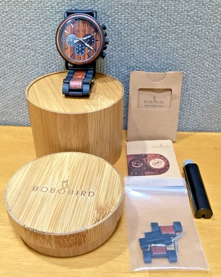 BOBO BIRD Engraved Wooden Watch [Zebrawood] Shine P09-1 w/Box, COA & Watch Tool - Image 1 of 4