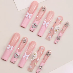Handmade False Nail Cute Pink French Long Press on Nails for Nail Art 10pcs - Picture 1 of 35