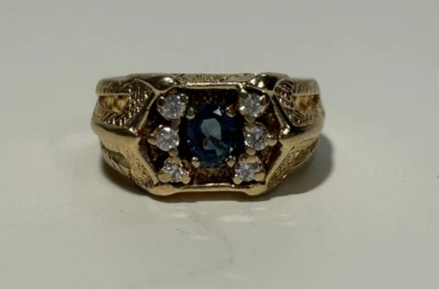 (MA6) Men's 10k Yellow Gold Natural Sapphire & Diamond Signet Ring 8.5 Grams - Image 1 of 4