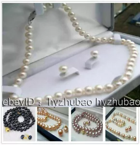 16"-50" 7-8mm /8-9mm Natural Akoya Cultured Pearl Beads Necklace + Earrings Set - Picture 1 of 13