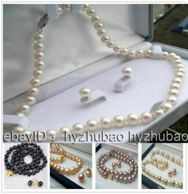 16英寸-50英寸7-8毫米/8-9毫米天然阿科亚培养珍珠珠项链+耳环套装 — 第 1/4 张图片