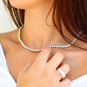 925 Silver Round Cut 10CT Lab-Grown Diamond Women's Tennis Necklace 18" Inch - Picture 1 of 12