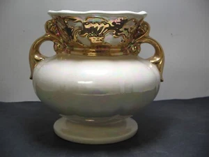 Vintage Keramik Porzellan Goldrand Blumenübertopf Topf 8" hoch 8,5" breit glasiert - Bild 1 von 6