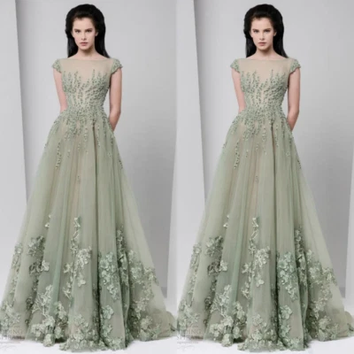 Spring Green Wedding Dresses Sheer Neck Applique Beads Cap Sleeves Bridal Gowns - Image 1 of 4