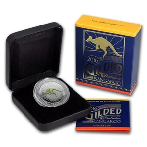 Perth Mint First Australian KANGAROO 1 oz silver coin GILDED in 24KT GOLD 2016 - Bild 1 von 3