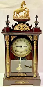 ANTIQUE PARLOR 23.5" WOOD MANTLE SHELF WIND UP HORSE CLOCK w/ PENDULUM & KEY - Picture 1 of 18