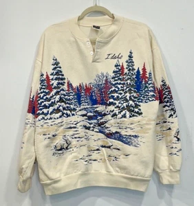 VINTAGE Urlaub Winter Szene Schnee Kaninchen Sweatshirt Glitzer Puff Textur Idaho - Bild 1 von 13