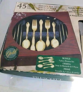Prescott. 45 Piece Gold Plated Flatware Set with 5 Piece Hostess Set and Storage - Picture 1 of 5