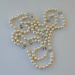 Opera Pearl Knotted Faceted Crystal Bead Accent 46 In Long Necklace Vintage - Picture 1 of 12