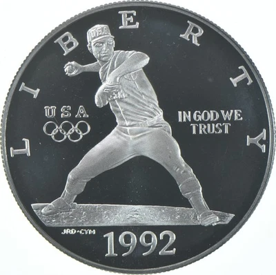 1992-S Proof Olympic Baseball Pitcher Commemorative Silver Dollar $1 - Image 1 of 3