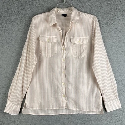 Blusa Patagonia Feminina M Creme Rosa Listrada Rolo Aba Manga Bolsos Semitransparentes - Imagem 1 de 4