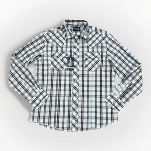 Wrangler Western Shirt Mens Large Blue Plaid Pearl Snap Long Sleeve Cowboy Rodeo - Picture 1 of 9