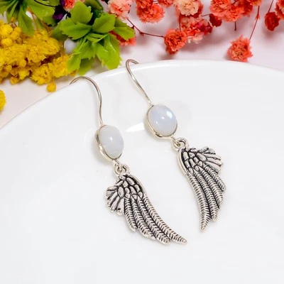 彩虹月光石宝石手工 925 纯银耳环 2.1 英寸 Q862 — 第 1/4 张图片