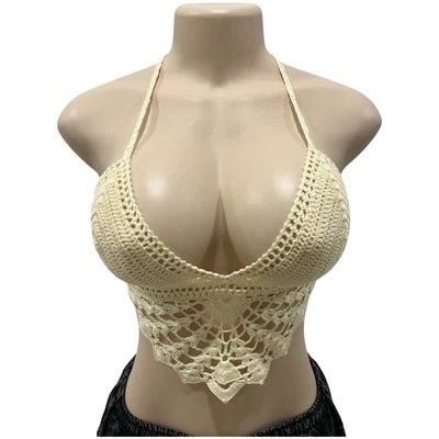Hermoso Top Halter de Bikini Crema Hecho a Mano Tejido Crochet Verano. Foto 1 de 4