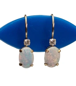 10K Yellow Gold Lab Opal Hoop Lever Back Earrings - Picture 1 of 10