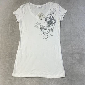 T shirt femme pôle sud col V blanc fleur de lis strass étincelant taille L - Photo 1/6