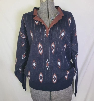 Suéter Occidental Vintage Años 80 90 Cuarto Botón Azteca Negro Marrón Mondo Italia L Foto 1 de 4