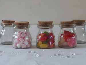 Small Clear Glass Cork Lid Bottles Jars Party Sweets Wedding Table Favours 6x7 - Picture 1 of 2