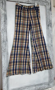 Elephant Bell Bottom True Vtg Pants Plaid 28x31 60s 70s Hippie Boho Bellbottoms - Picture 1 of 5