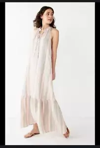 Nine West Linen Tiered Peasant Maxi Dress Size Small Halter Striped Cottagecore - Picture 1 of 16
