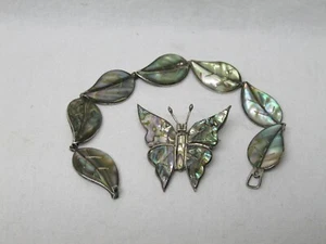 Leaf Bracelet & Butterfly Pin Abalone Sterling Silver Taxco Old Vtg 925 Mexico - Picture 1 of 5
