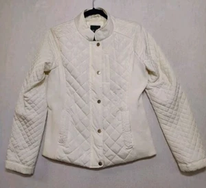 Quilted Puffer Jacket Woman Sz L Lightweight Ivory Zip Pocket Minimalist ME JANE - Picture 1 of 19