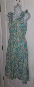 JCREW turquoise Blue Pink Floral Ruffle Teired Peasant Midi Long Pocket Dress 2 - Picture 1 of 9