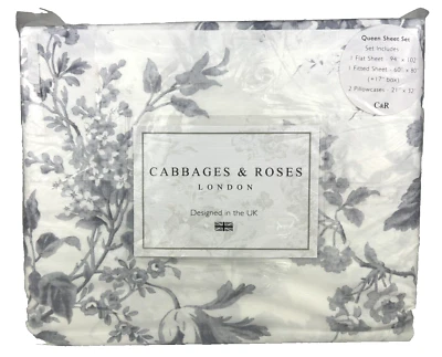 Cabbages & Roses QUEEN Alderney Greyish Blue Sheet Set Luxury Cotton Percale - Image 1 of 4