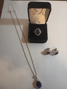 Avon 125 RJ Majestic Princess Faux Sapphire 125th Earrings Necklace Ring - Picture 1 of 4