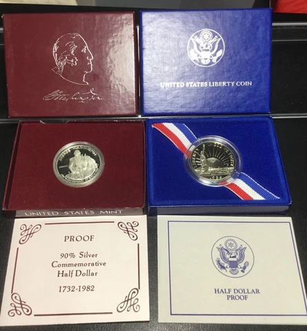 1982-S PROOF 90% SILVER Washington Commem Half & 1986 STATUE LIBERTY 1/2 DOLLAR Cover